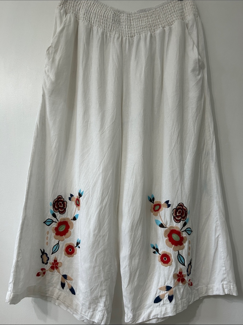 Cynthia Rowley Pants Linen 2X White Wide Leg Elastic Waist Floral Embroidered - Picture 14 of 14